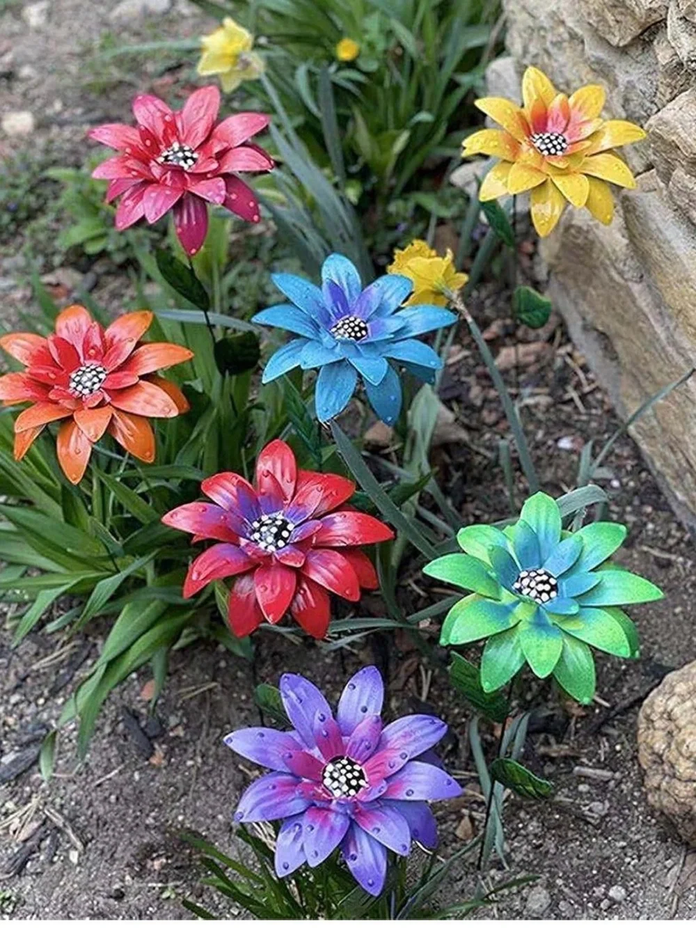 Vibrant Multicolor Metal Garden Flower Stakes - Decorative Home Accents